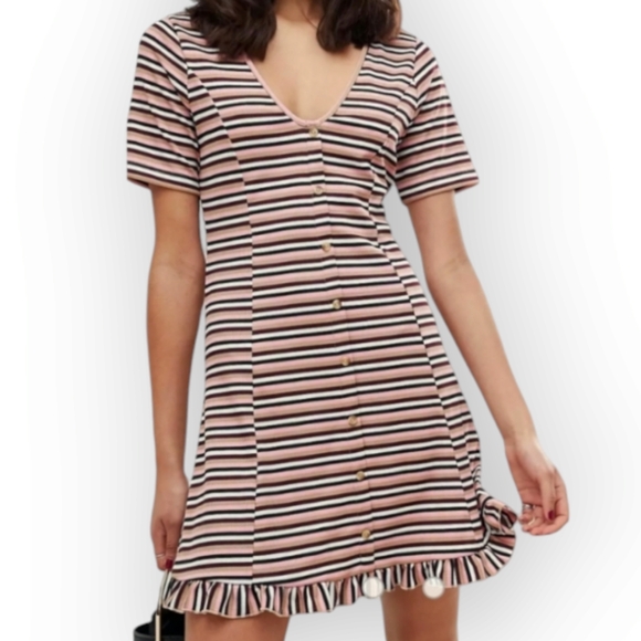 NWOT ASOS pink white tan & black tonal stripe rib mini tea dress Womens 6 - Picture 4 of 9